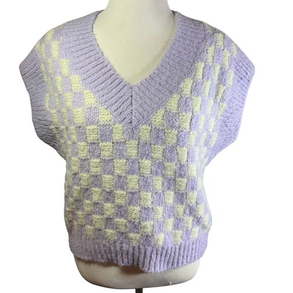 English Factory Sweater Vest Fuzzy Knit Academia Checkered Purple Yellow Women S - Picture 1 of 6